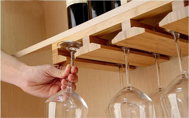Kework Bamboo Wine Glass Holder, Hanging Stemware Display Rack, Under Cabinet Mounted Wine Glass Drying Storage Hanger Organizer Rack - Image 2